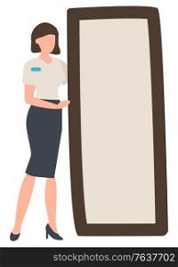 Woman wearing formal uniform standing by big mirror vector, isolated female character working in shop. Store to buy clothes changing room flat style. Fashion Advisor Standing by Mirror Shopping Store