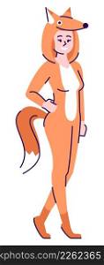 Woman wearing fox costume semi flat RGB color vector illustration. Posing figure. Entertainment industry career. Professional costume character performer isolated cartoon character on white background. Woman wearing fox costume semi flat RGB color vector illustration