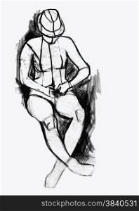 Woman wearing hat and sitting , hands in her lap drawing