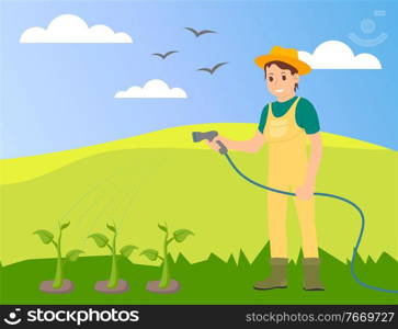 Woman wearing hat and uniform is watering meadow with green plants with a water hose. Agricultural works at summer. Vector illustration with cartoon character. Farmer working at meadow in village. Woman farmer in uniform watering plants at the meadow using water hose, cartoon vector character