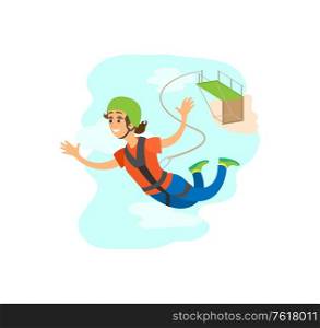 Woman wearing helmet and insurance falling from bridge, bungee jumping poster, freefall extreme sport, portrait view of smiling and flying female vector. Woman Falling from Bridge, Bungee Jumping Vector