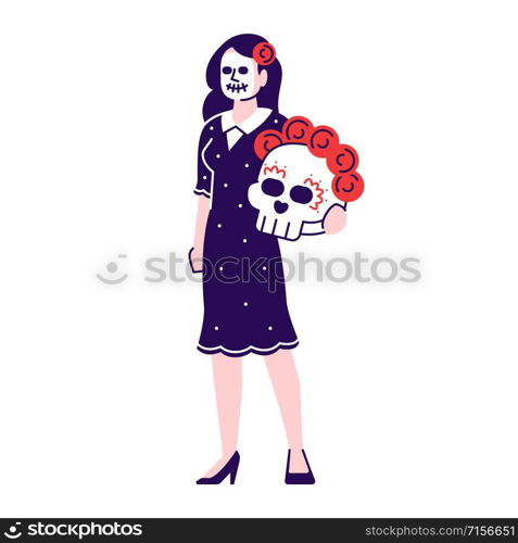 Woman wearing Mexican day of dead costume flat vector illustrations set. Cartoon character with outline elements isolated on white background. Sugar scull face. Dia de los Muertos celebration
