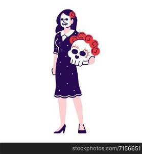 Woman wearing Mexican day of dead costume flat vector illustrations set. Cartoon character with outline elements isolated on white background. Sugar scull face. Dia de los Muertos celebration