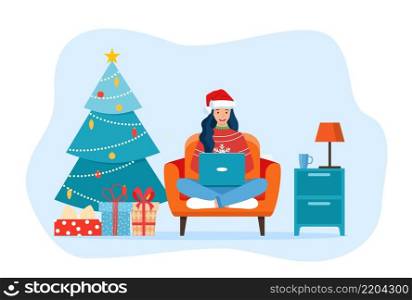 Woman wearing Santa Claus hat sitting on the floor choosing Christmas gifts with laptop. Online sale. Preparing to Christmas holidays. Vector illustration in flat style. Woman sitting on the floor