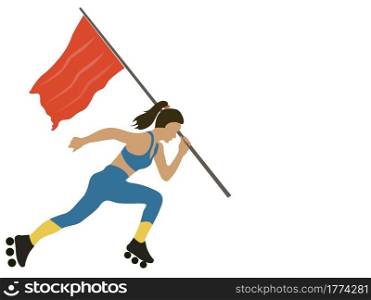 woman wearing skateboard shoes hand holding a running flag with white background