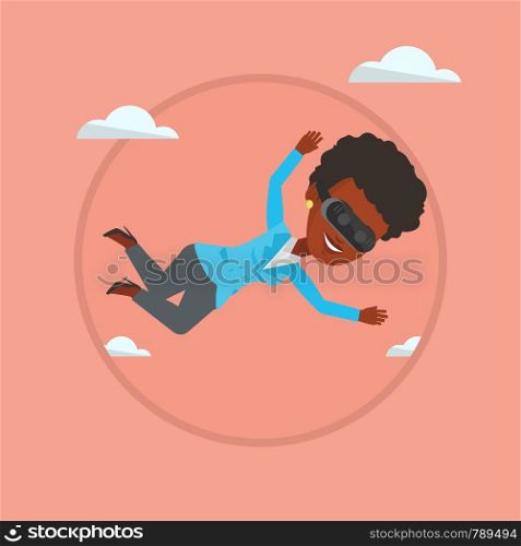 Woman wearing virtual reality headset and flying in the sky. Woman in vr device playing videogame. Woman flying in virtual reality. Vector flat design illustration in the circle isolated on background. Woman in vr headset flying in the sky.