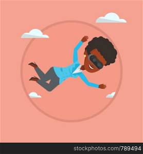 Woman wearing virtual reality headset and flying in the sky. Woman in vr device playing videogame. Woman flying in virtual reality. Vector flat design illustration in the circle isolated on background. Woman in vr headset flying in the sky.
