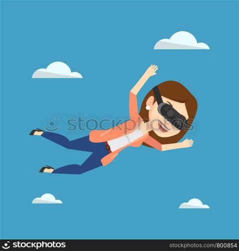 Woman wearing virtual reality headset and flying in the sky. Woman in vr device having fun while playing videogame. Woman flying in virtual reality. Vector flat design illustration. Square layout.. Woman in vr headset flying in the sky.