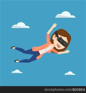 Woman wearing virtual reality headset and flying in the sky. Woman in vr device having fun while playing videogame. Woman flying in virtual reality. Vector flat design illustration. Square layout.. Woman in vr headset flying in the sky.