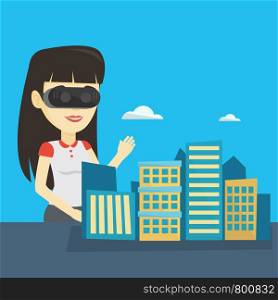 Woman wearing virtual reality headset and getting into vr world. Woman using virtual reality glasses for development of the project of city architecture. Vector flat design illustration. Square layout. Happy young woman wearing virtual reality headset.