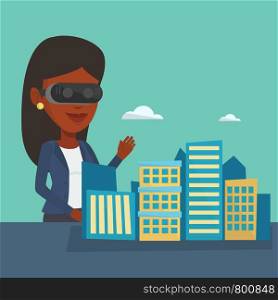 Woman wearing virtual reality headset and getting into vr world. Woman using virtual reality glasses for development of the project of city architecture. Vector flat design illustration. Square layout. Happy young woman wearing virtual reality headset.