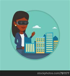 Woman wearing vr headset and getting into vr world. Woman using vr glasses for development of the project of city architecture. Vector flat design illustration in the circle isolated on background.. Happy young woman wearing virtual reality headset.