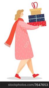 Woman wearing warm clothes carrying presents on holidays. Celebration of special occasion, giving gifts. Lady in long coat and knitted scarf holding boxes in wrapping paper and threads vector. Woman Carrying Gift on Christmas, Winter Holidays