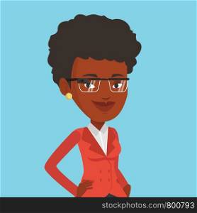 Woman wearing wearable computer with an optical head-mounted display. Young african-american woman in wearable computer. Woman using wearable computer. Vector flat design illustration. Square layout.. Woman wearing smart glass vector illustration.