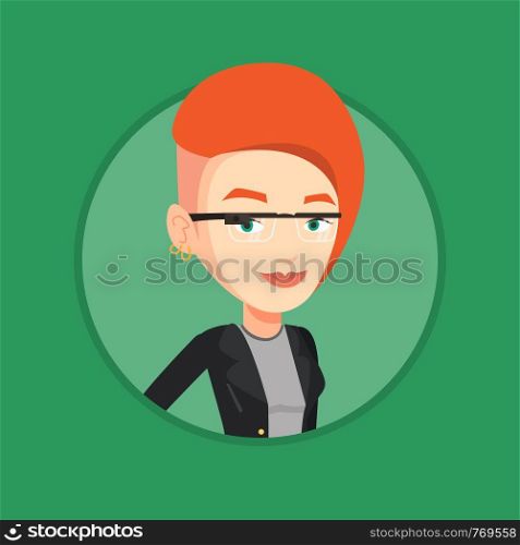 Woman wearing wearable computer with an optical head-mounted display. Woman in wearable computer. Woman using wearable computer. Vector flat design illustration in the circle isolated on background.. Woman wearing smart glass vector illustration.