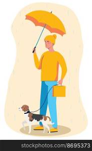Woman wears autumn outfit with yellow umbrella and shopping bag walking with beagle.