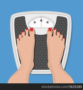 woman weighed on floor scales, vector illustration in flat style. woman weighed on floor scales,