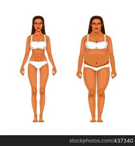 Woman weight loss with sport and diet. Vector illustrations in cartoon style. Woman body transformation, overweight and thin. Woman weight loss with sport and diet. Vector illustrations in cartoon style