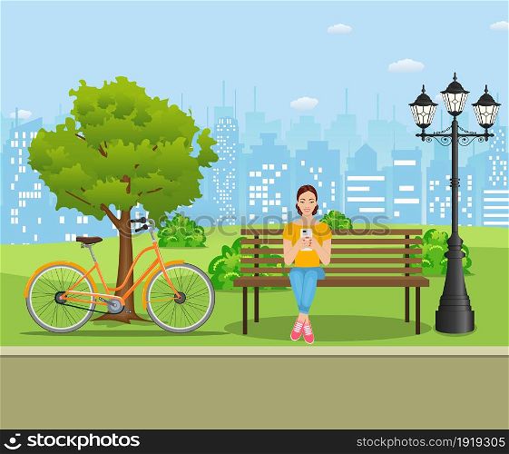 Woman whis smartphone sitting on wooden bench in the park. Woman using phone. Vector illustration in flat style. Woman whis smartphone