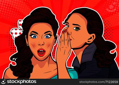 Woman whispering gossip or secret to her friend. Colorful vector illustration in pop art retro comic style.