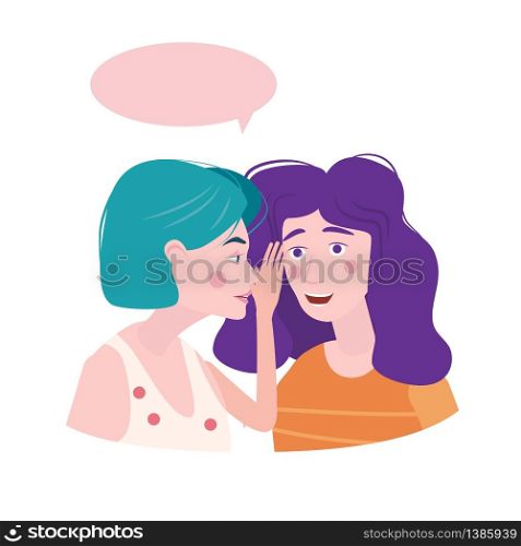 Woman whispering gossip, surprised, says rumors to other female character. Gossiping secret woman flat vector illustration.. Two girls gossiping surprised, says rumors to other female character. One excited girl whispers secret to girlfriend. Vector illustration isolated