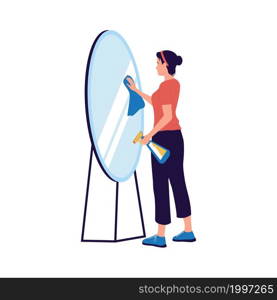 Woman wipes mirror. Maid cleans glass reflective surface with spray detergent. Housekeeping activity. Isolated female washes furniture. Cleaner service worker. Routine housework. Vector home cleanup. Woman wipes mirror. Maid cleans glass reflective surface with spray detergent. Housekeeping activity. Female washes furniture. Cleaner service worker. Routine housework. Vector cleanup