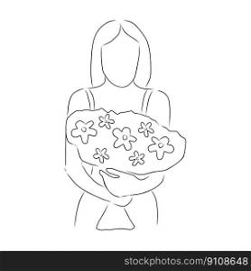 Woman with a bouquet of flowers, vector. Hand drawn sketch. A woman holds a bouquet of flowers in her hands.