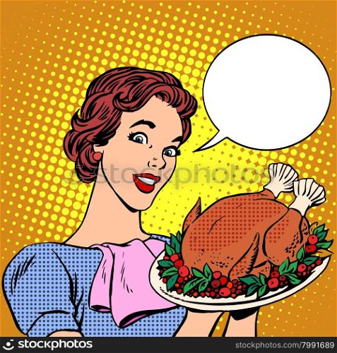 Woman with a Christmas Turkey thanksgiving. Food and cooking, hot meat birds. Holiday treats pop art retro style