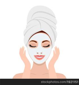 Woman with a cosmetic face mask. Smiling girl portrait. SPA beauty and health concept. Skin care . Relaxation Vector illustration in flat style. Woman with a cosmetic face mask.