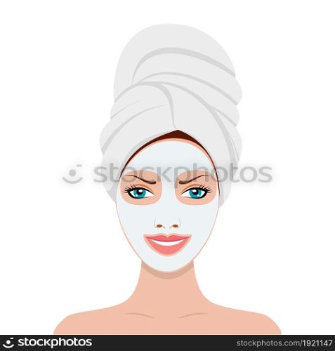 Woman with a cosmetic face mask. Smiling girl portrait. Vector illustration in flat style. Woman with a cosmetic face mask.