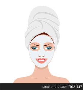 Woman with a cosmetic face mask. Smiling girl portrait. Vector illustration in flat style. Woman with a cosmetic face mask.