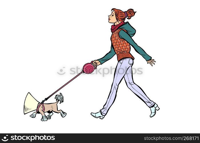 woman with a dog, a dog in a protective collar. Pop art retro vector illustration kitsch vintage. woman with a dog, a dog in a protective collar