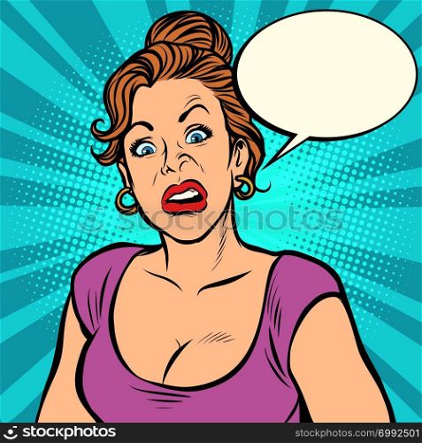 Woman with a funny surprised face. Comic cartoon pop art retro vector illustration drawing. Pop art. Woman with a funny surprised face