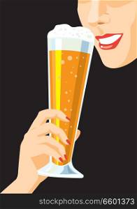 Woman with a glass of beer. Creative conceptual vector.