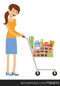 Woman with a grocery basket. Vector illustration