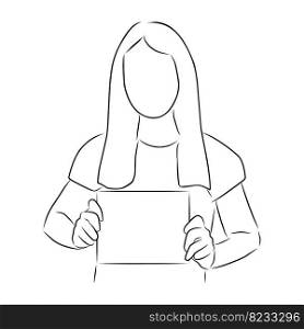 Woman with a sheet of paper in her hands, vector. Hand drawn sketch. A woman is holding a blank sheet of paper in her hands with space for text.