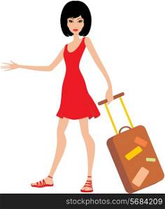 Woman with a suitcase in a red dress