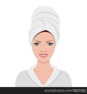 Woman with a towel on her head and bathrobe. SPA beauty and health concept. Vector illustration in flat style. Woman with a towel on her head