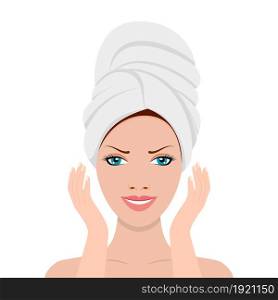 Woman with a towel on her head touching her face after beauty mask. SPA beauty and health concept. Skin care . Relaxation Vector illustration in flat style. Woman with a towel on her head