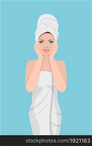 Woman with a towel on her head touching her face after beauty mask. SPA beauty and health concept. Skin care . Relaxation Vector illustration in flat style. Woman with a towel on her head