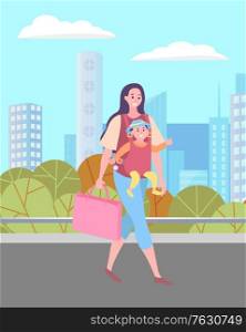 Woman with baby carrier walking down city street or park . Female holding little baby in sling, buildings and skyscrapers on background. Vector illustration in flat cartoon style. Woman with Baby Carrier Walk, City Street Vector