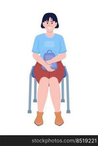 Woman with backpack sitting on chair semi flat color vector character. Editable figure. Full body person on white. Student simple cartoon style illustration for web graphic design and animation. Woman with backpack sitting on chair semi flat color vector character