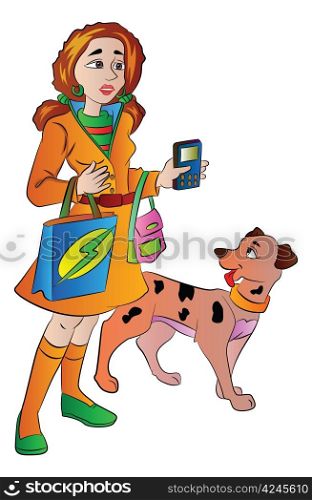 Woman with Bags Cellphone and a Pet Dog, vector illustration