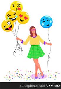 Woman with balloons posing vector, isolated female character holding inflatable toys in form of emoticons. Emoji smiling and laughing, kissing and shy face expression flat style lady in photozone. Woman with Balloons in Form of Emoji Photozone