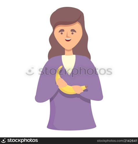Woman with banana icon cartoon vector. Healthy girl. Fruit food. Woman with banana icon cartoon vector. Healthy girl