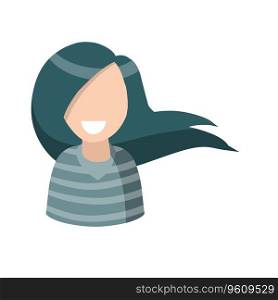 Woman with beautiful long hair. Young Fashionable girl with haircut. Barbershop logo. Cute smiling character with hairstyle. Flat cartoon illustration. Woman with beautiful long black hair.