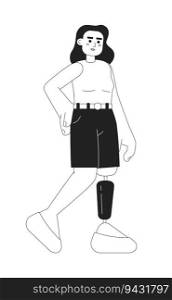Woman with bionic leg prothesismonochromatic flat vector character. Editable thin line full body strong lady with prosthetic knees on white. Simple bw cartoon spot image for web graphic design. Woman with bionic leg prothesis monochromatic flat vector character