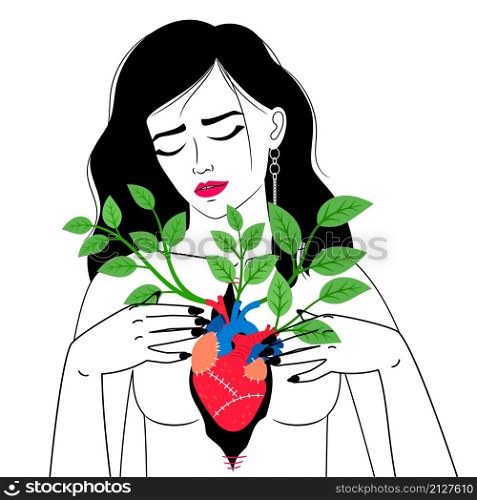 Woman with blooming heart. Cartoon female showing biological organ in chest with branches with green leaves, vector illustration of cardiovascular pump with floral elements. Woman with blooming heart