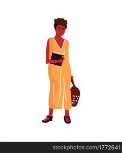 Woman with book. Cartoon female standing and holding textbook. Young African character reading and studying in library. Cute teenager in casual yellow dress. Isolated person walking. Vector hobby. Woman with book. Cartoon female standing and holding textbook. Young African character reading and studying in library. Teenager in casual yellow dress. Vector isolated person walking