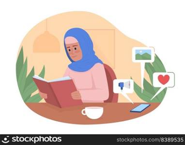 Woman with book ignoring phone notifications 2D vector isolated illustration. Positive flat character on cartoon background. Real life colourful editable scene for mobile, website, presentation. Woman with book ignoring phone notifications 2D vector isolated illustration